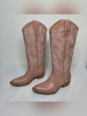 Frye and Co NWOB Irlene Tall Deco Stitch Western Boot Women 6M Dusty Pink Vegan